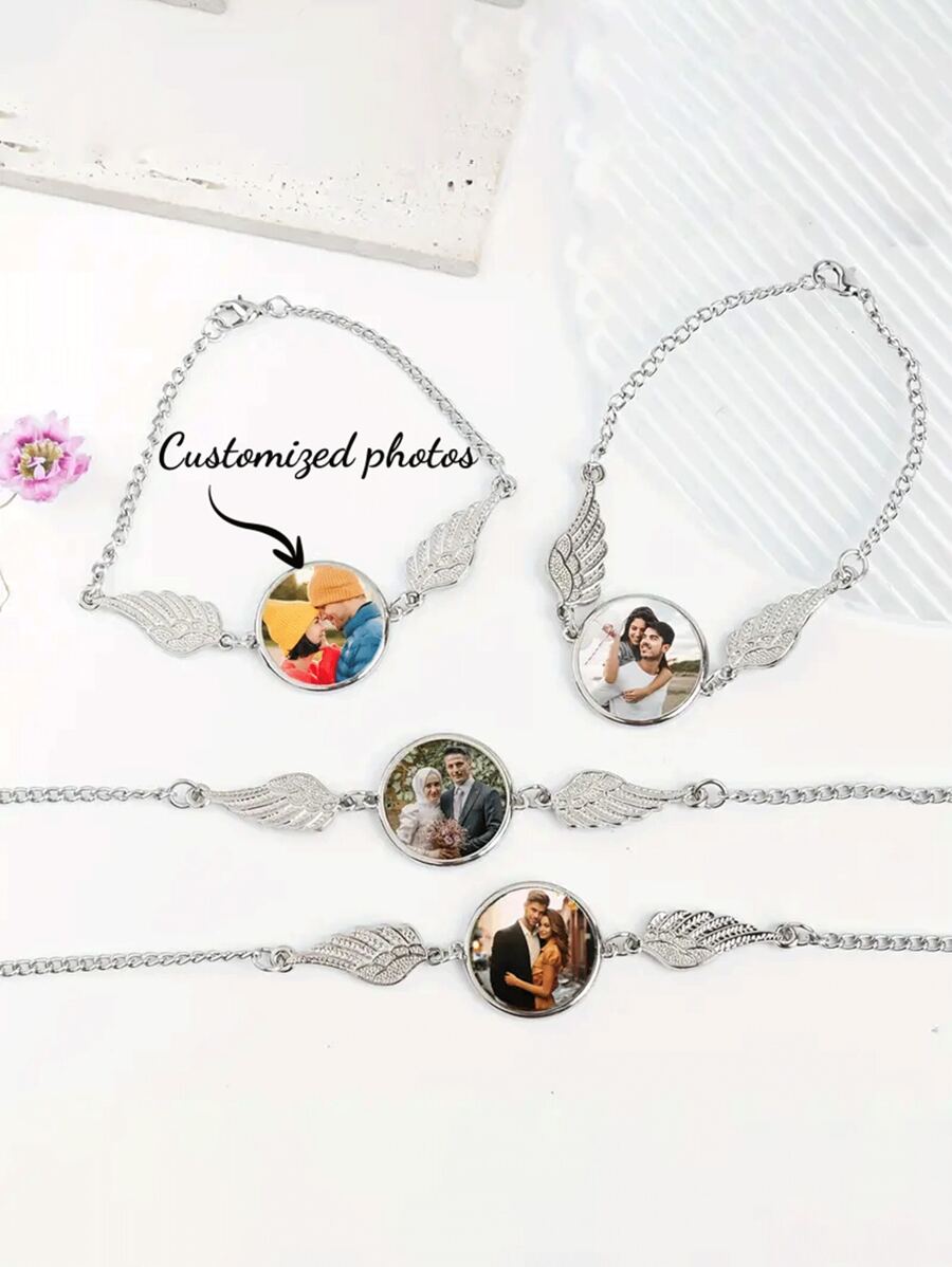 1 Customized Photo Bracelet With Angel Wings - Elegant Personalized Picture Charm Bracelet, Suitable For Women - Alloy Uncoated Jewelry, Suitable For Daily Wear - Unique Gift, Suitable For Girlfriends, Mother's Day, Christmas