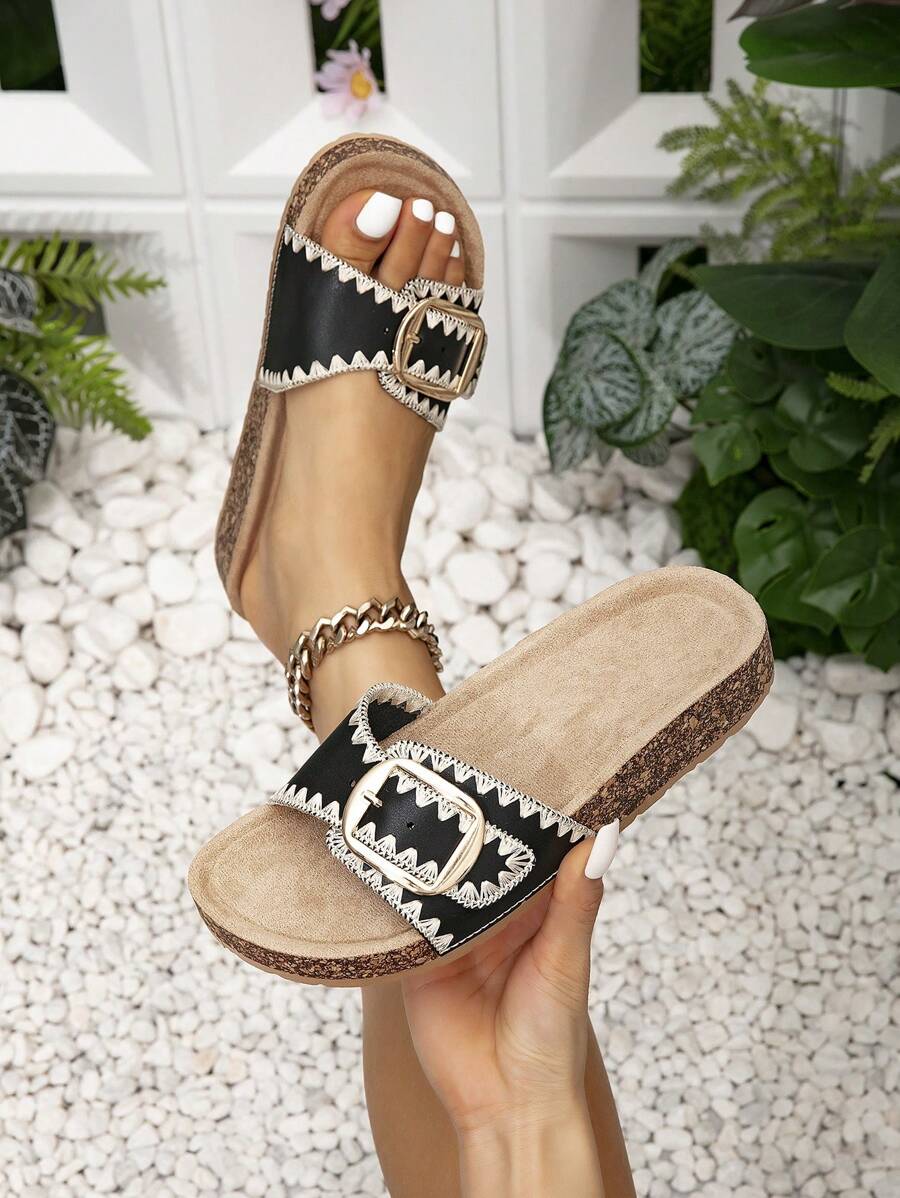 Sandalias casuales cómodas con plataforma de cuña de corcho y hebilla de metal para mujeres