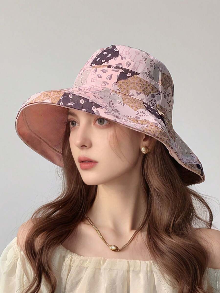 LEAJOURNO. 1pc Reversible Floral Print Sun Hat, Women Spring Summer Large Brimmed Polyester Bucket Hat With Bendable Wire Frame For UV Protection