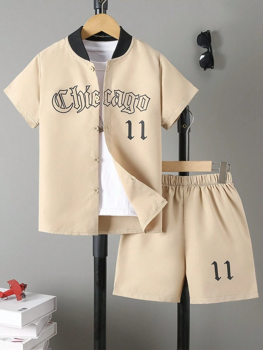 2 piezas Conjunto de camiseta y pantalones cortos caqui para niños, 2 camisetas de verano con estampado casual + Set de pantalones corto acanalados negros para deportes al aire libre