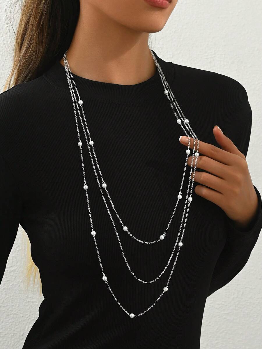 Fashionable And Elegant Long Autumn And Winter Elegant Faux Pearl Layered Women's Necklace, Geometric Sweater Chain Necklace