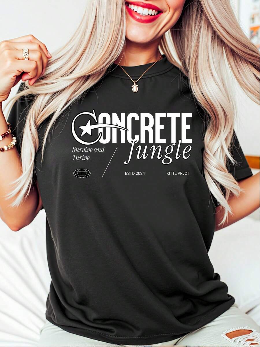 Oversized Style For Women, Concrete Jungle T Shirt, Funny Graphic Shirt, Fashion Urban City Streetwear, Loose Type Shirt For Women, Perfect For Holiday Parties Or Gift Giving, Soft And Comfortable