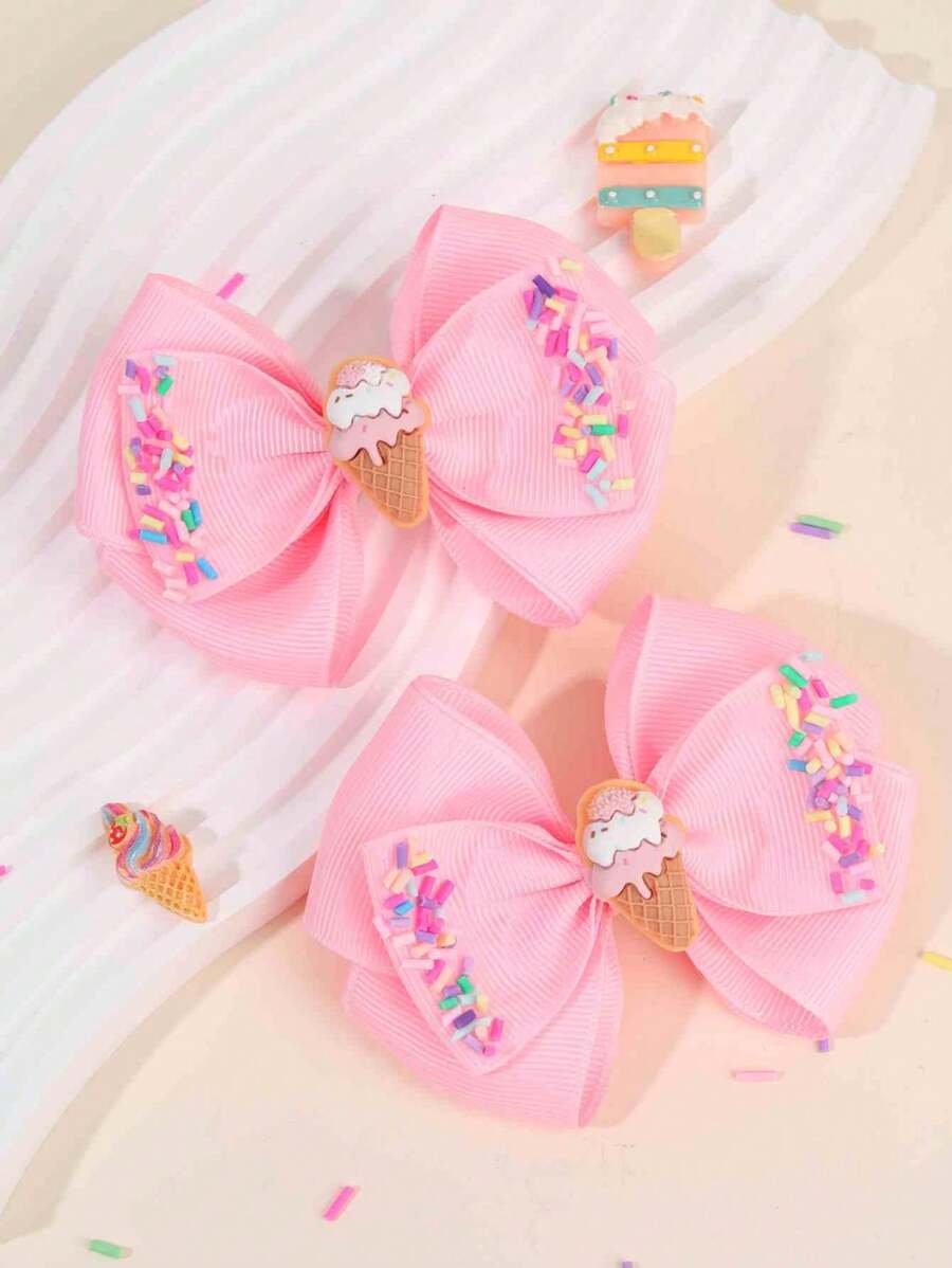 2pcs Toddlers Girls Hair Bow Clips ,Cute Ice-Cream Accessories ,Colorful Needles Decor Hair Pins ,Satin Ribbon Hair Clips ,Kids Teens Hair Accessories ,Gifts For Girls ,Suitable Daily Life