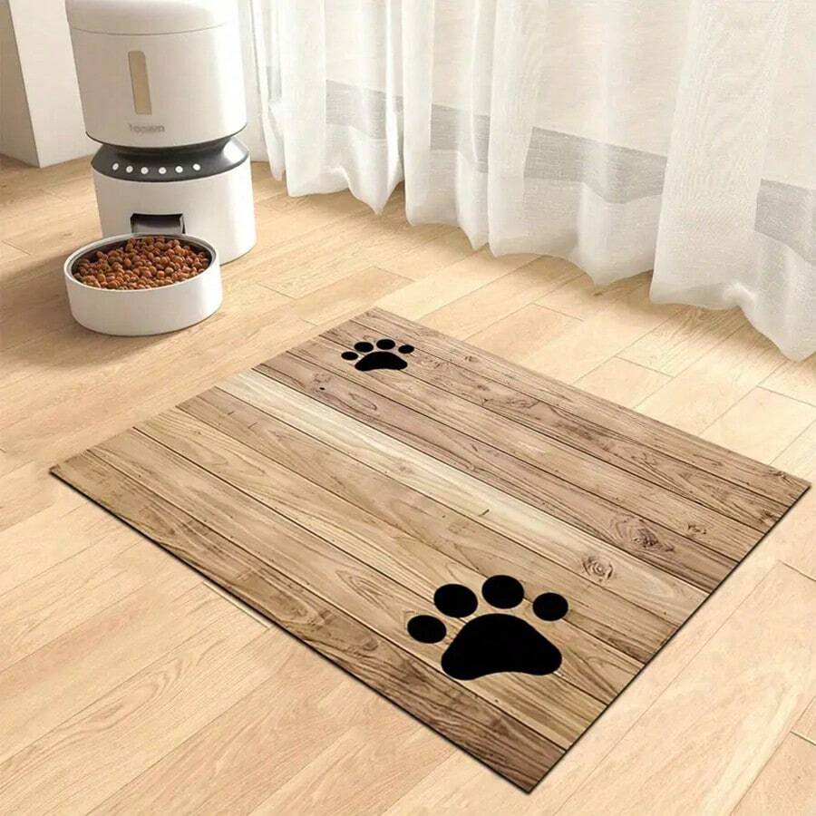 1pc Wood Grain Paw Print, Dog & Cat Small Animal Feeding Mat, Non-Slip, Water Absorbent & Stain-Resistant, Ideal For Cats - Pet Food &Water Bowl Placemat For Home Decor, Kitchen Floor Mats, Pet Accessories, Ideal For Pets
