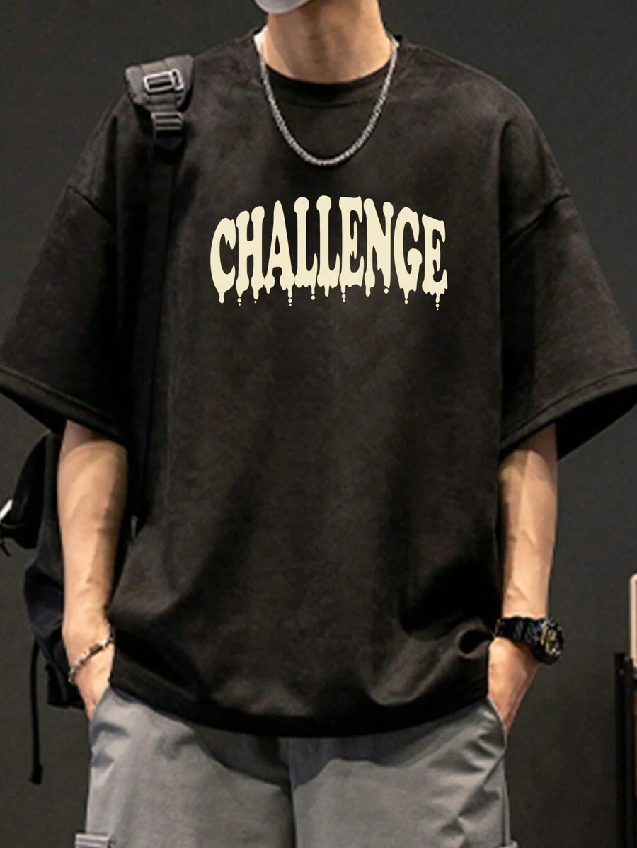 homens Camiseta ombro caído carta gráfica