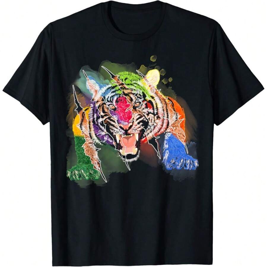 Cartoon Print Crew Neck Casual Short Sleeve T-Shirt, Tiger Head Face Colorful Art Wild Zoo Animal T-Shirt Women Tops