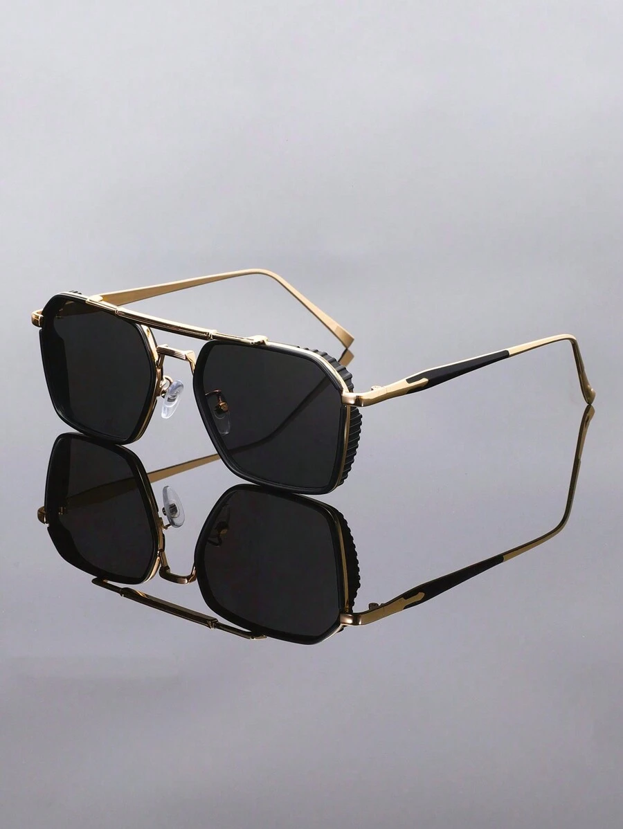 1 pieza Gafas de hombre clásicas y casuales, con montura de metal de puente doble y lentes poligonales de estilo aviador, en color dorado/negro/plateado, un accesorio esencial y con estilo, adecuado para abrigos, suéteres, chaquetas acolchadas, un gran regalo para el novio para el verano, la playa, al aire libre y los viajes.