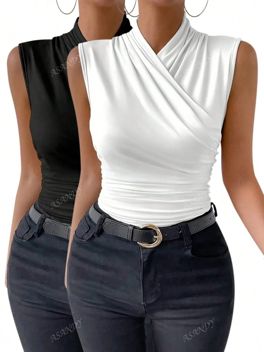 2pcs Women Sleeveless Solid Color Criss-Cross Front Camisole Top And T-Shirt Set