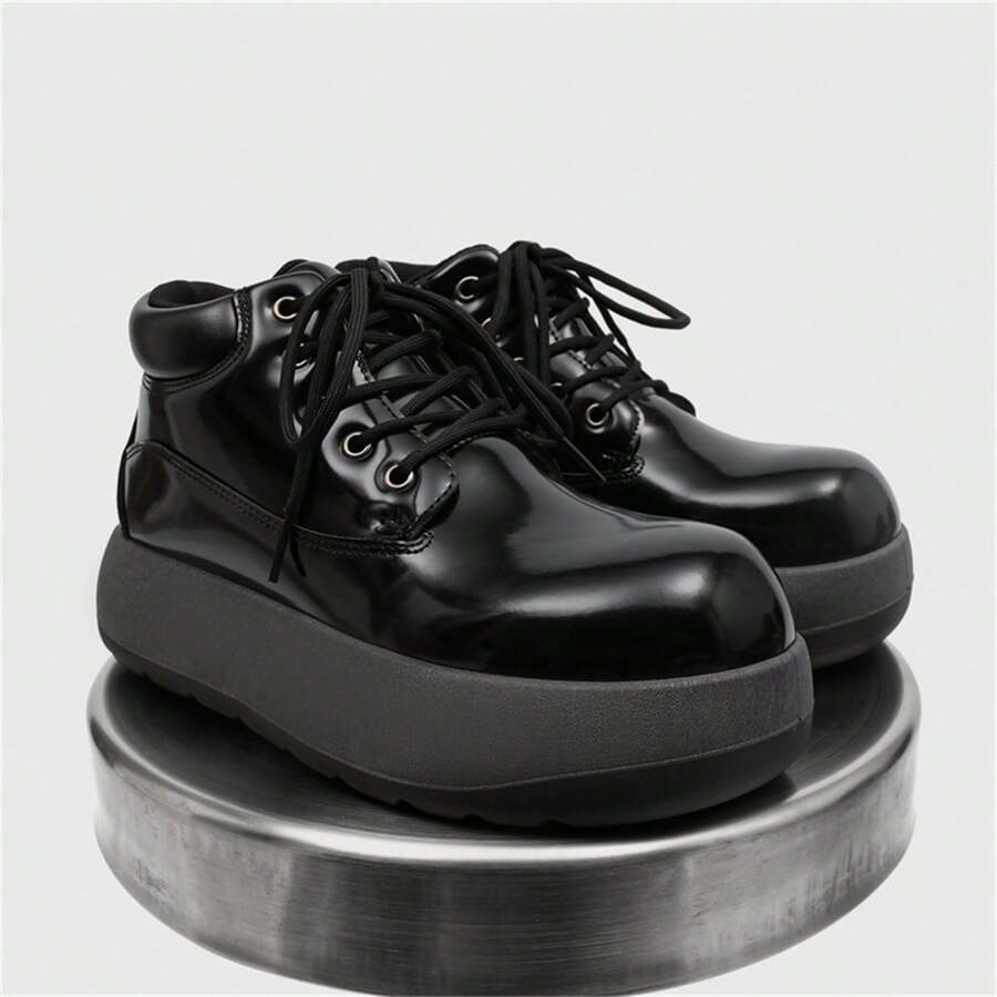 Men's Solid Color Punk Style Chunky Boots, Comfy Non Slip Lace Up Casual Shoes For Men's Outdoor Activities Boots