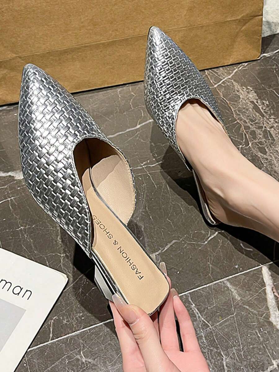 French Elegant Pointed Toe Woven Slip-On Mules For Women, Mid Heel Silver Color Slide Sandals