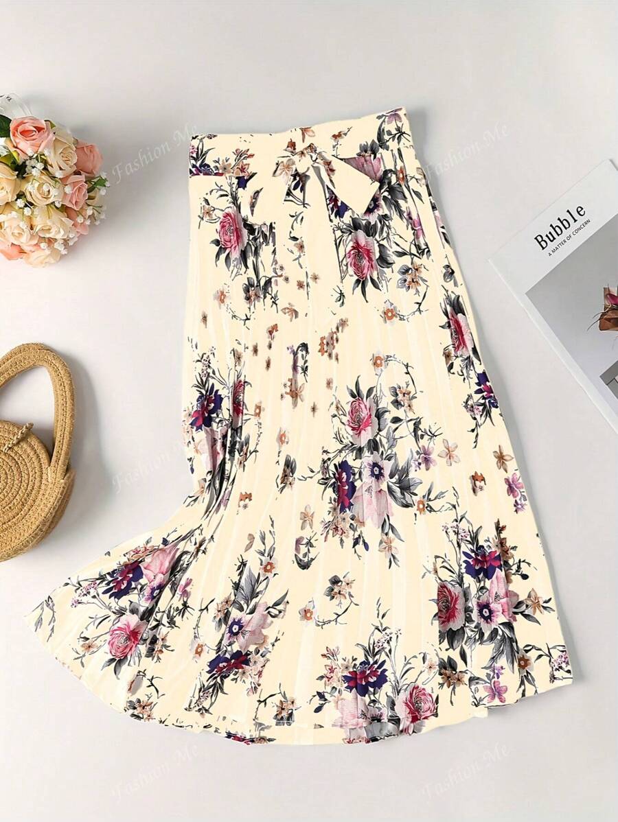 Women's Satin Floral Print Tie-Waist Pleated Elegant Skirt