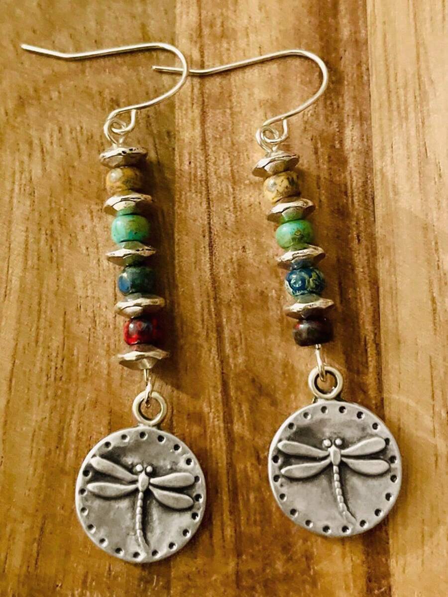 2 piezas Pendientes geométricos retro bohemios con cuentas de metal y piedras naturales multicolor para mujeres, fiestas, uso diario, regalo