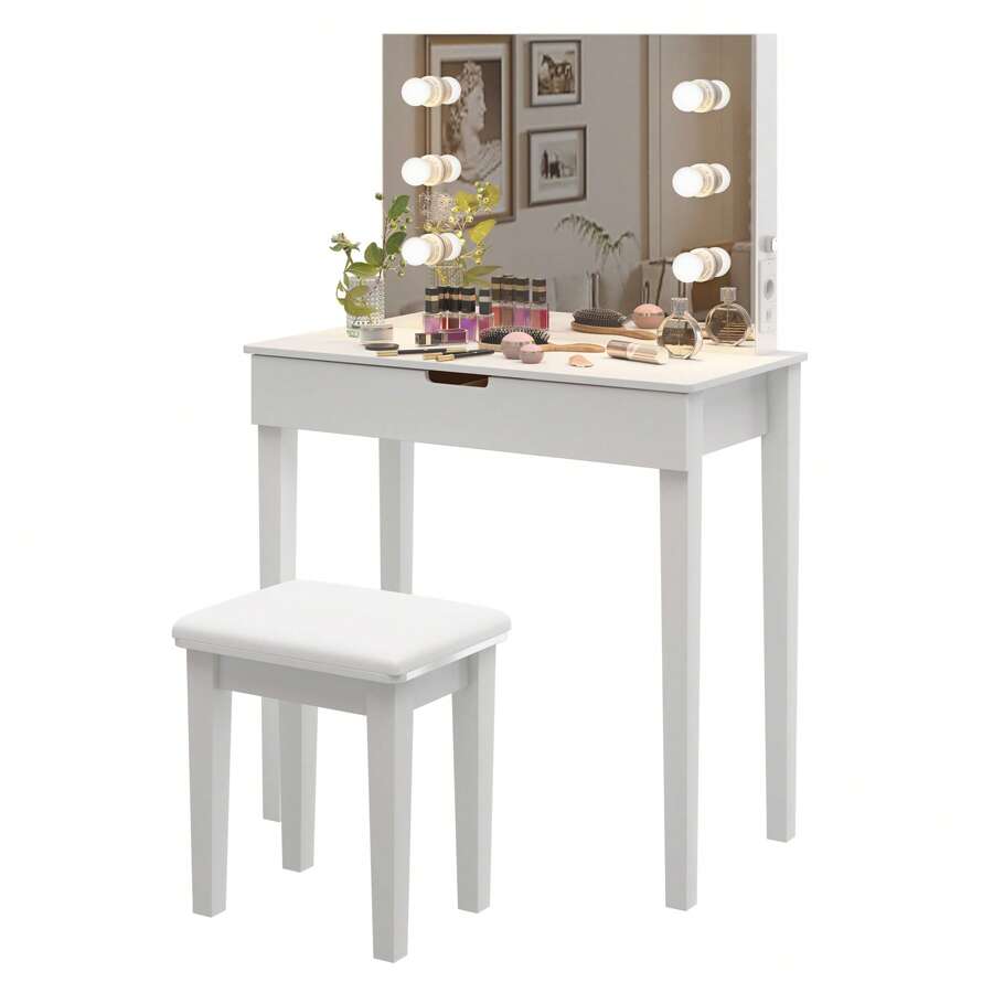 Sweiko Sweiko Coiffeuse avec miroir, tabouret de maquillage, coiffeuse avec 6 ampoules, blanc