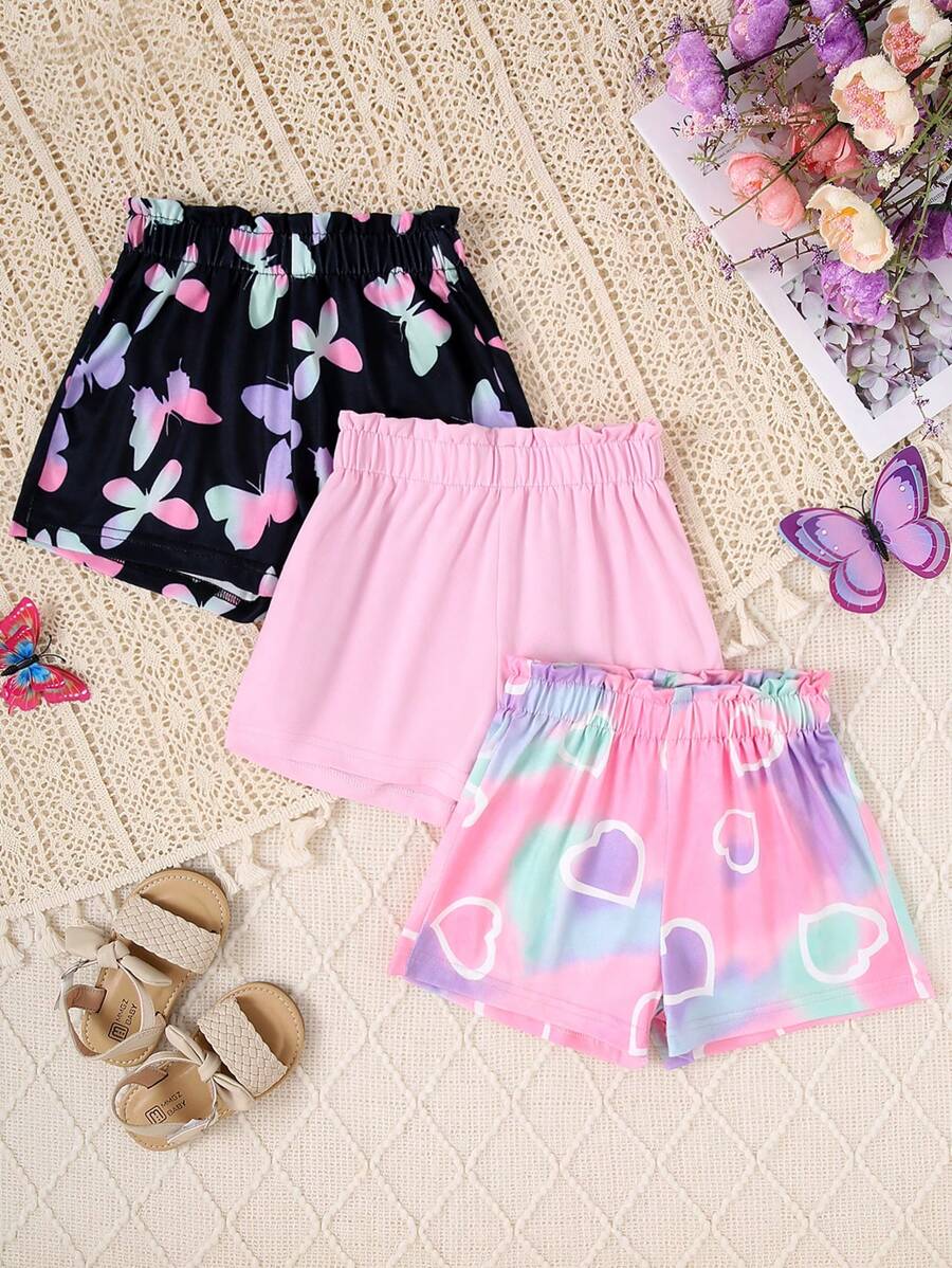 3pcs/Set Young Girl Summer Butterfly & Heart Print Fashionable Casual Shorts