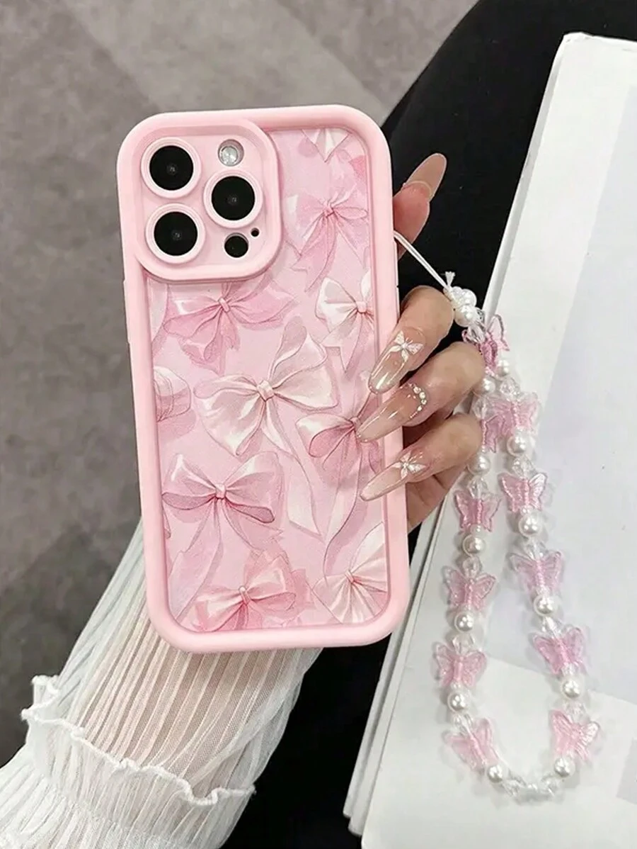 1pc Bow Pattern Phone Case With Beaded Chain, Suitable For IPhone 16, 11, 15, 14, 13, 12 Pro Max, XR, Plus, Christmas Gift, Fashionable Ladies Gift, Stylish Present