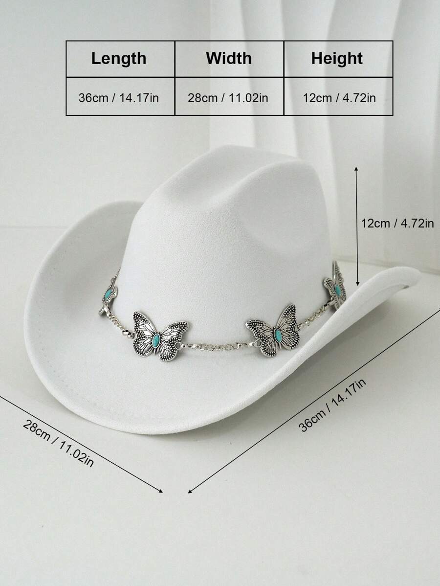 1pc Silvery Metal Butterfly Felt Cowgirl Hat, Fashionable , Suitable For Western-Style Outfits And Occasions Like Western Themed Events, Music Festivals