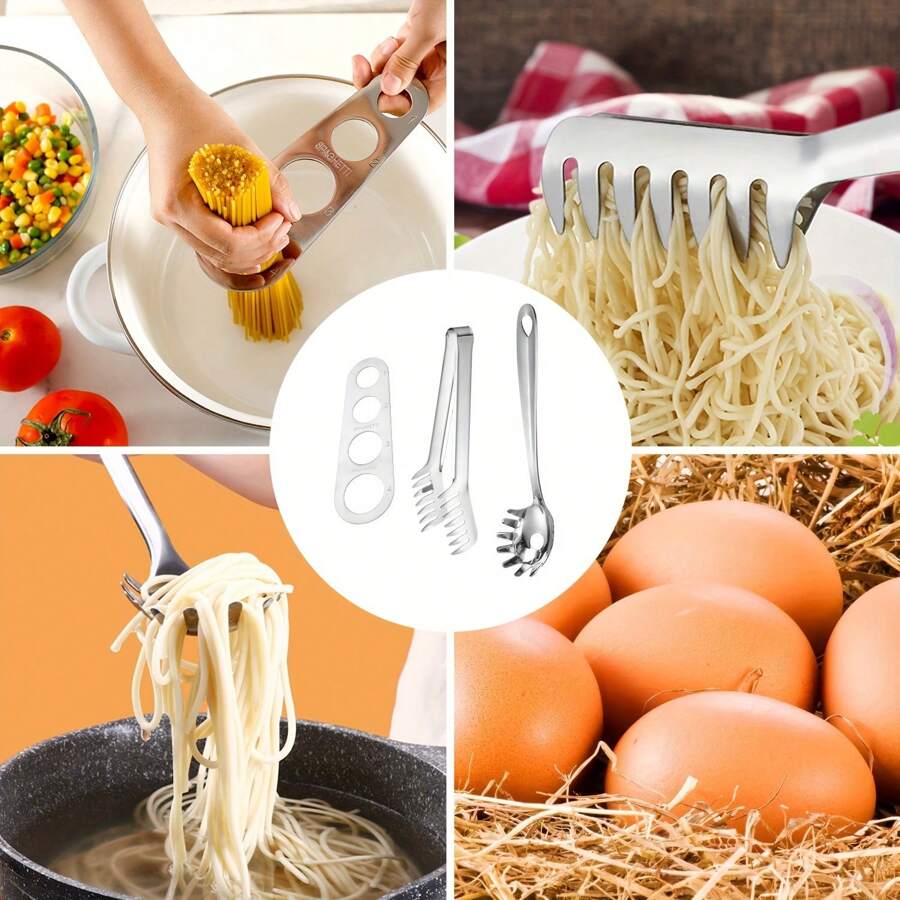3 pièces/Set Ustensiles à Pâtes en Acier Inoxydable - Louche à Pâtes, Cuillère à Poudre, Passoire à Pâtes de Type Peigne, Règle à Spaghettis