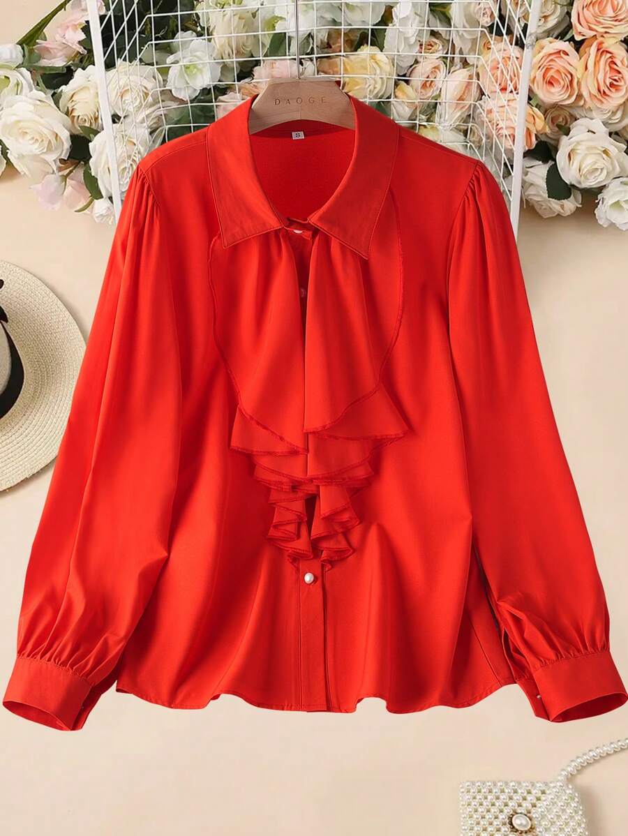 Fashion Women Ruffle Trim Casual Shirt, Minimalist Style For Relaxed Daily Wear