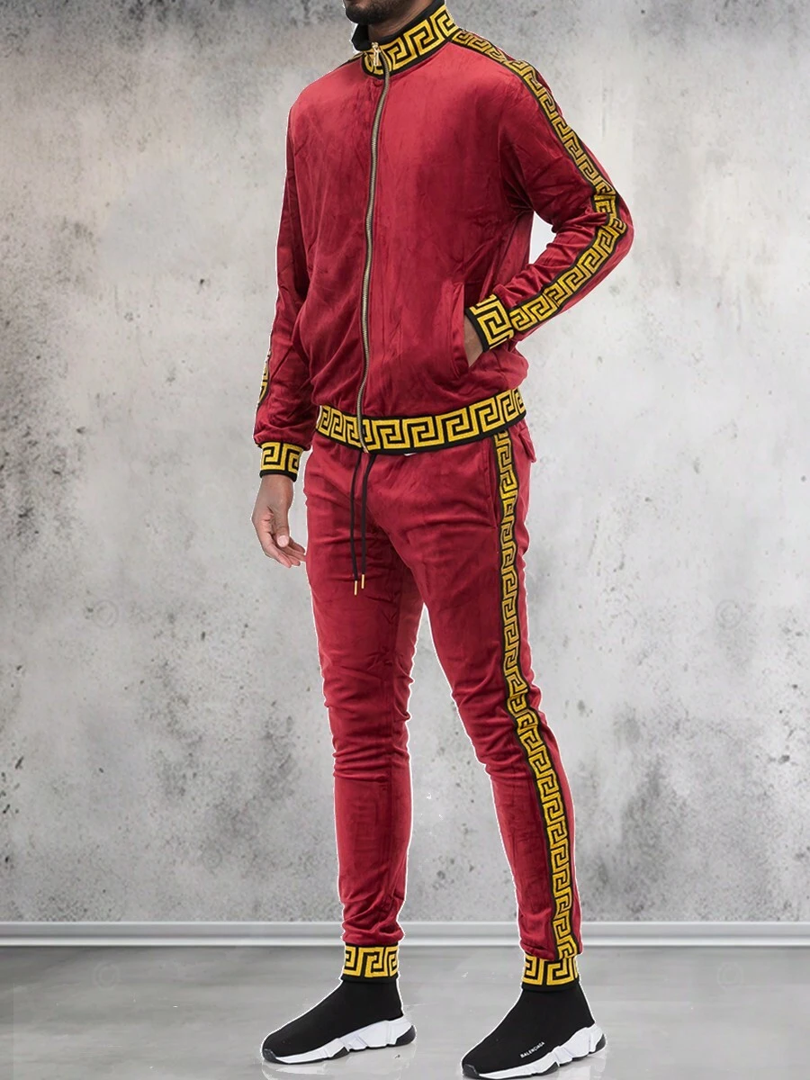 Mens Baroque Velour Suede Status Tape Zip Up Track Jacket Two Piece Co-Ord Set