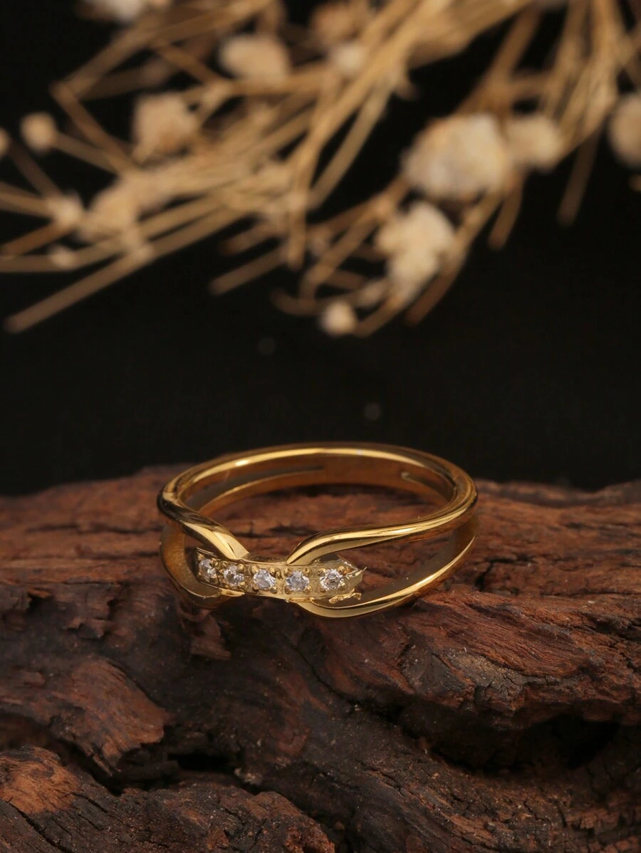 1pc 18K Gold Plated Stainless Steel Double Arrow Water Drop CZ Crystal Criss-Cross Ring, Delicate Minimalist Design For Daily Wear