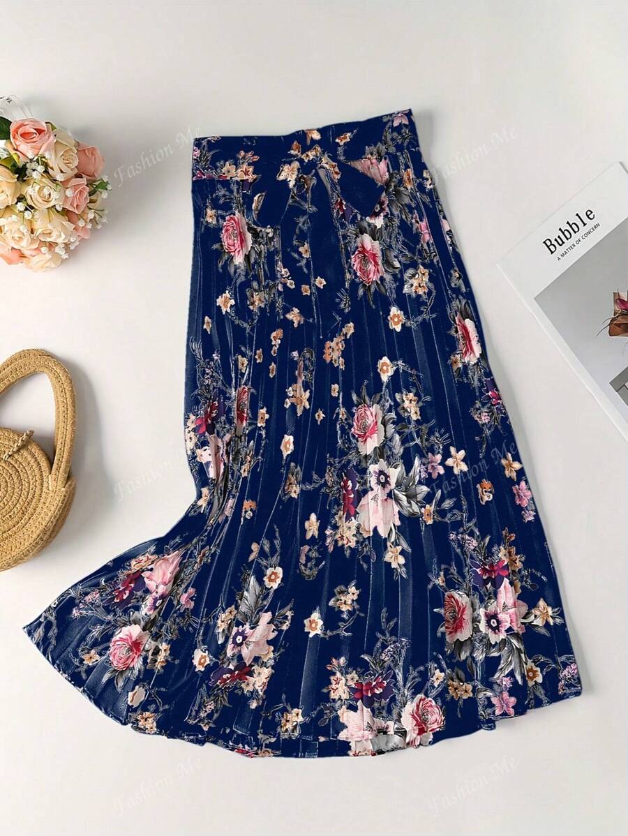 Women's Satin Floral Print Drawstring Pleated Elegant Skirt