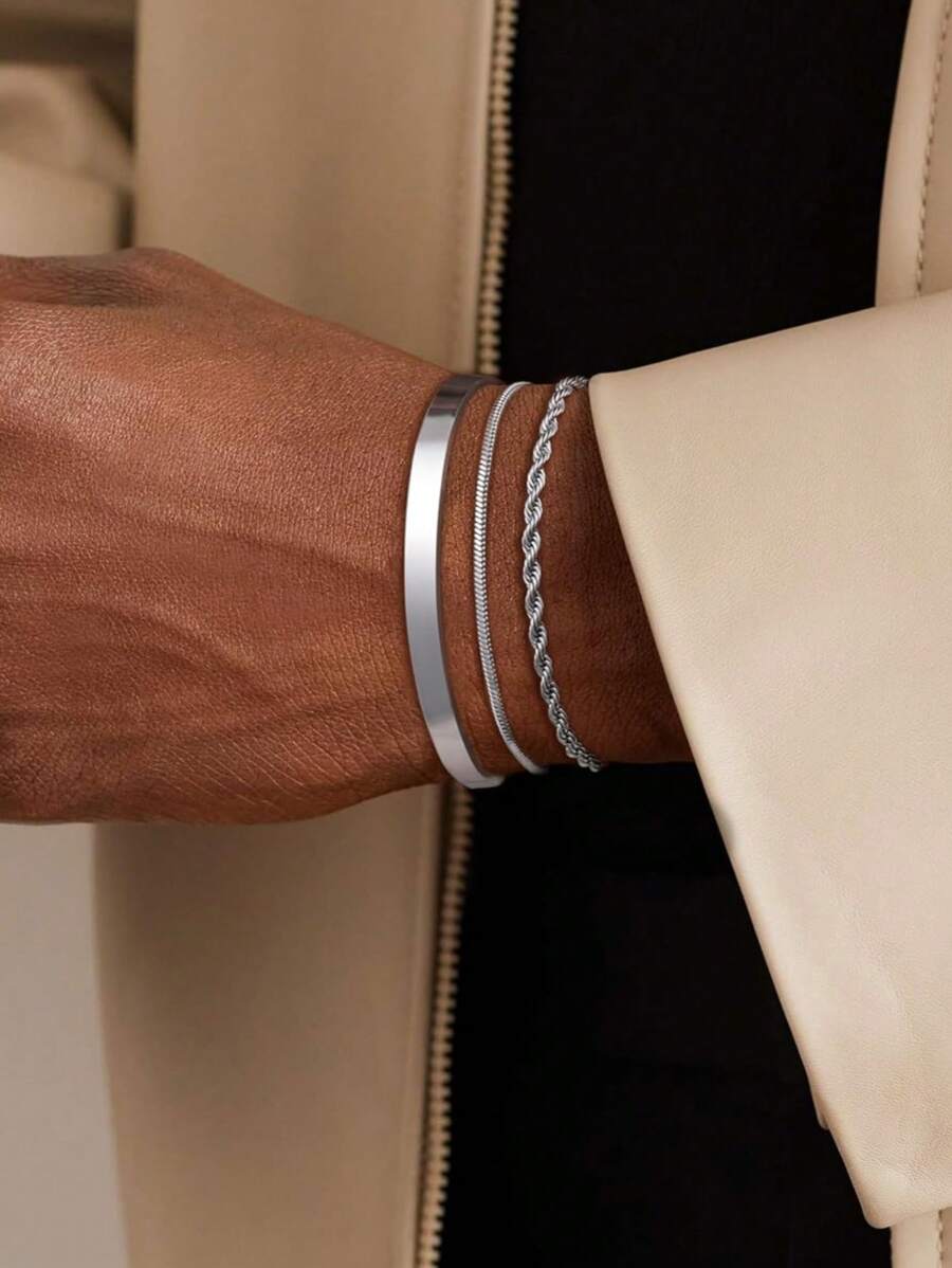 Set de 3 pulseras minimalistas y elegantes de acero inoxidable ajustables para hombres, adecuadas para uso diario