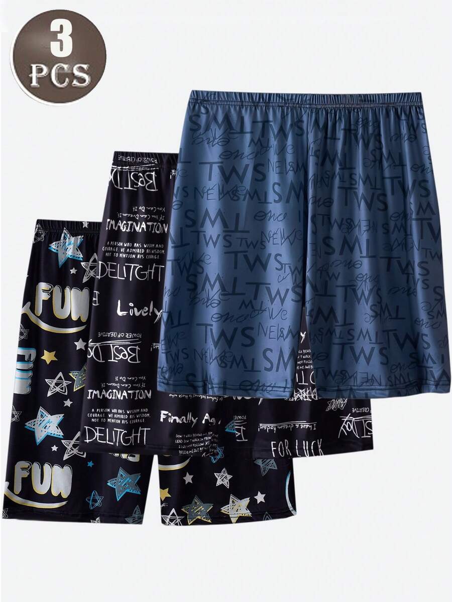 Set de 3 pantalones cortos casuales y holgados con estampado de letras de dibujos animados para hombres, pantalones ligeros para usar en casa, pantalones cortos de dormir de verano