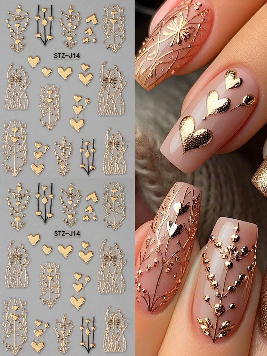 FULL BEAUTY 2PCS Golden Foil Heart 5D Embossed Nail Art Stickers - Self-Adhesive, Scent-Free Decals For DIY Manicures, Perfect For Valentine's Day & Spring, Nail Stickers Nails