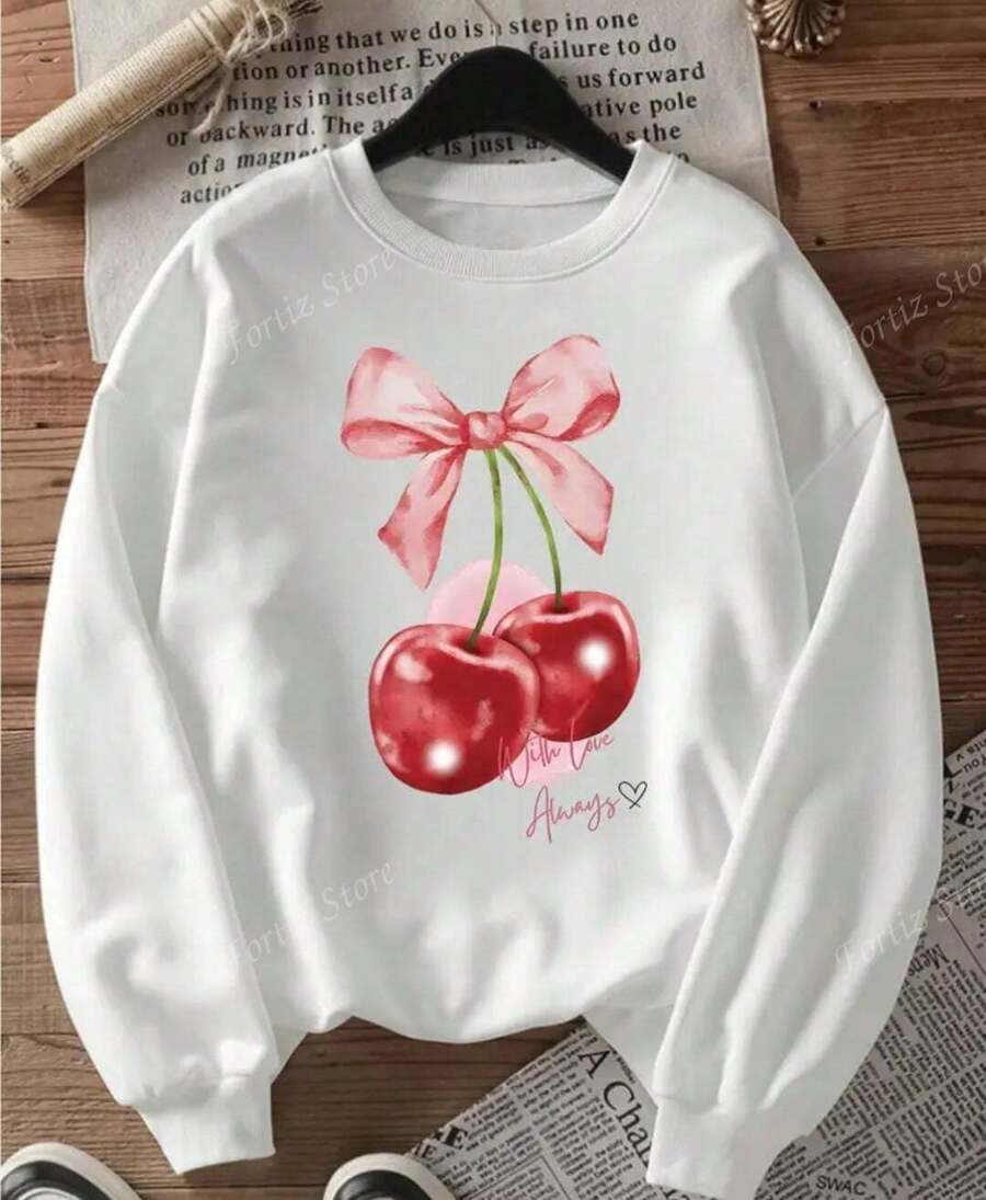 Sudadera de manga larga con estampado de cherry moño - Cuello redondo cómodo, ideal para deportes al aire libre, estilo para todas las estaciones