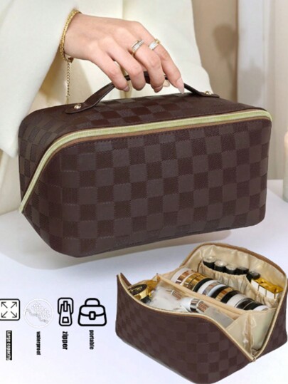 1pc Large Capacity Makeup Bag, Multi-Functional Storage Pouch, Bathroom Organizer, Cosmetic Brush Holder, Hanging Toiletry Bag, Suitable For Lipstick, Makeup Brushes, Eyeshadow, Mirror, Eyeliner, Lip Gloss, Skincare, Toothbrush, Toothpaste Cup, Soap, Shampoo, Comb, Watch, Phone, Necklace, Jewelry, Digital Products