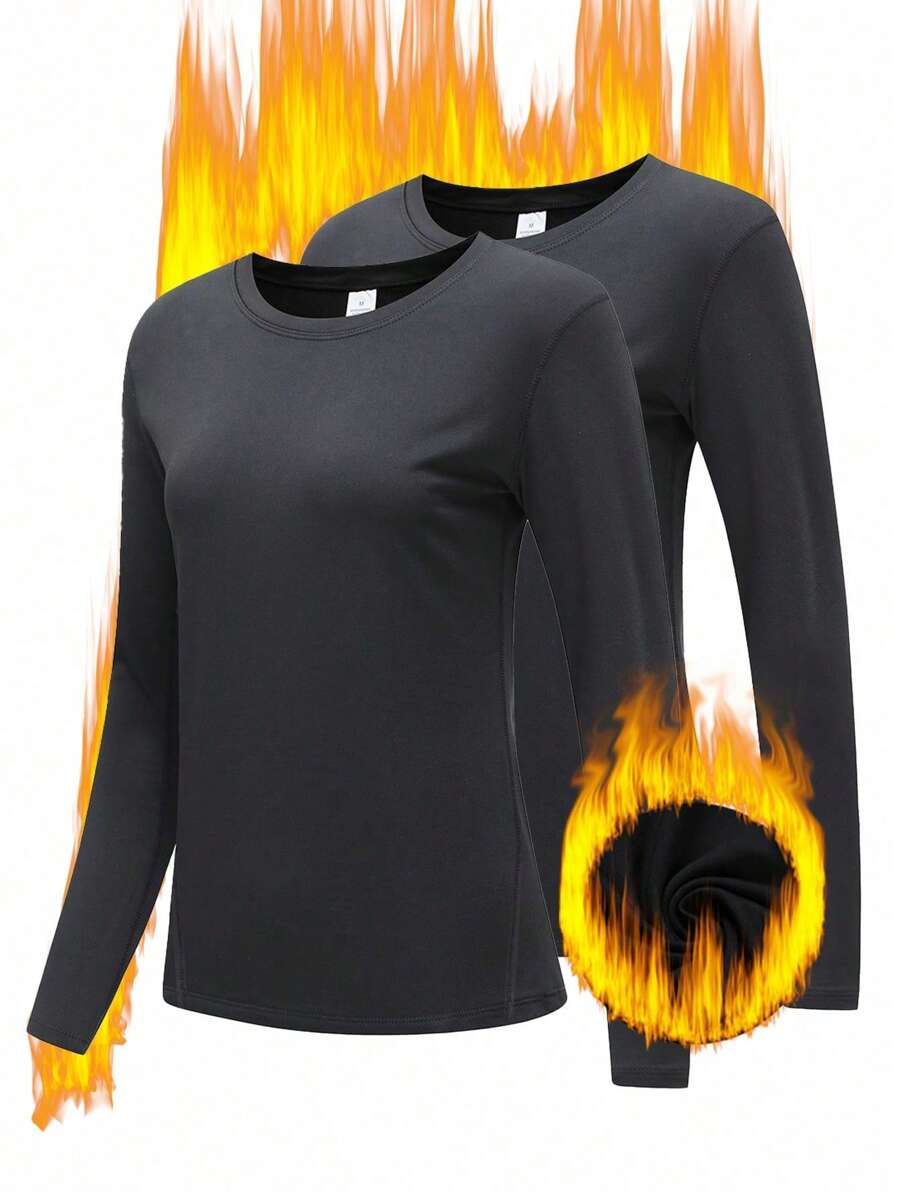 2pcs Ladies Black Thermal Lingerie Top Sticky Warm, Comfortable, Stretchy, Cold-Proof Home Pajamas, Outdoor Wear Underwear, Warm Winter Gifts