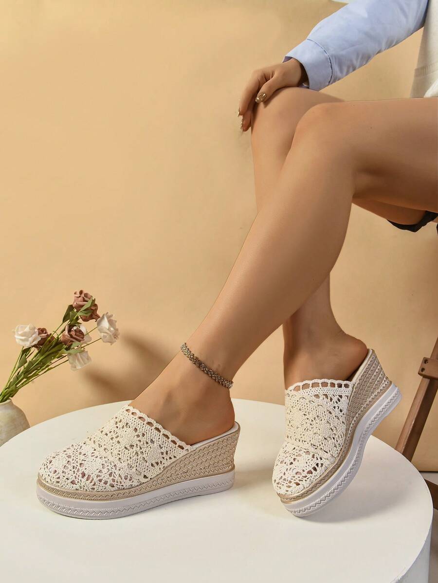 Women's Platform Wedge Sandals, Summer Faux Straw Hollow Woven Slide Slipper, Casual Fashionable Closed Toe Sandals