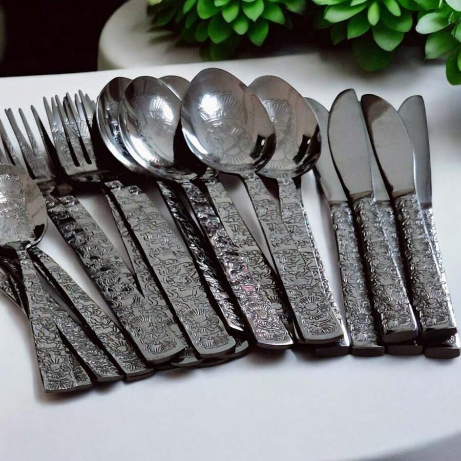 Faqueiro Talheres de Luxo 24 Peças Inox Preto Colher Faca Garfo Colher de Sobremesa