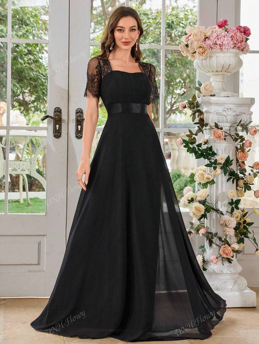 UNITHORSE Women's Square Neck Lace Short Sleeve Patchwork Solid Color Chiffon Pleated Waist Flare Elegant Bridesmaid Dress
