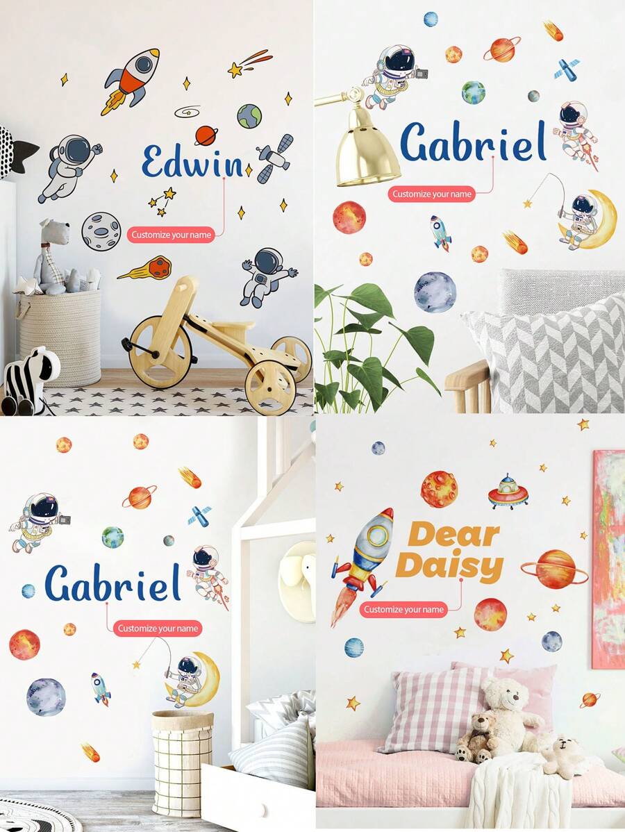 1pc Personalized Name Astronaut Wall Sticker For Boys Bedroom, Cartoon Spaceman Alien Planets Creative Removable Wall Decal, Star Spaceship Wallpaper Decoration For Kids Room, Nursery Gifts Birthday Graduation