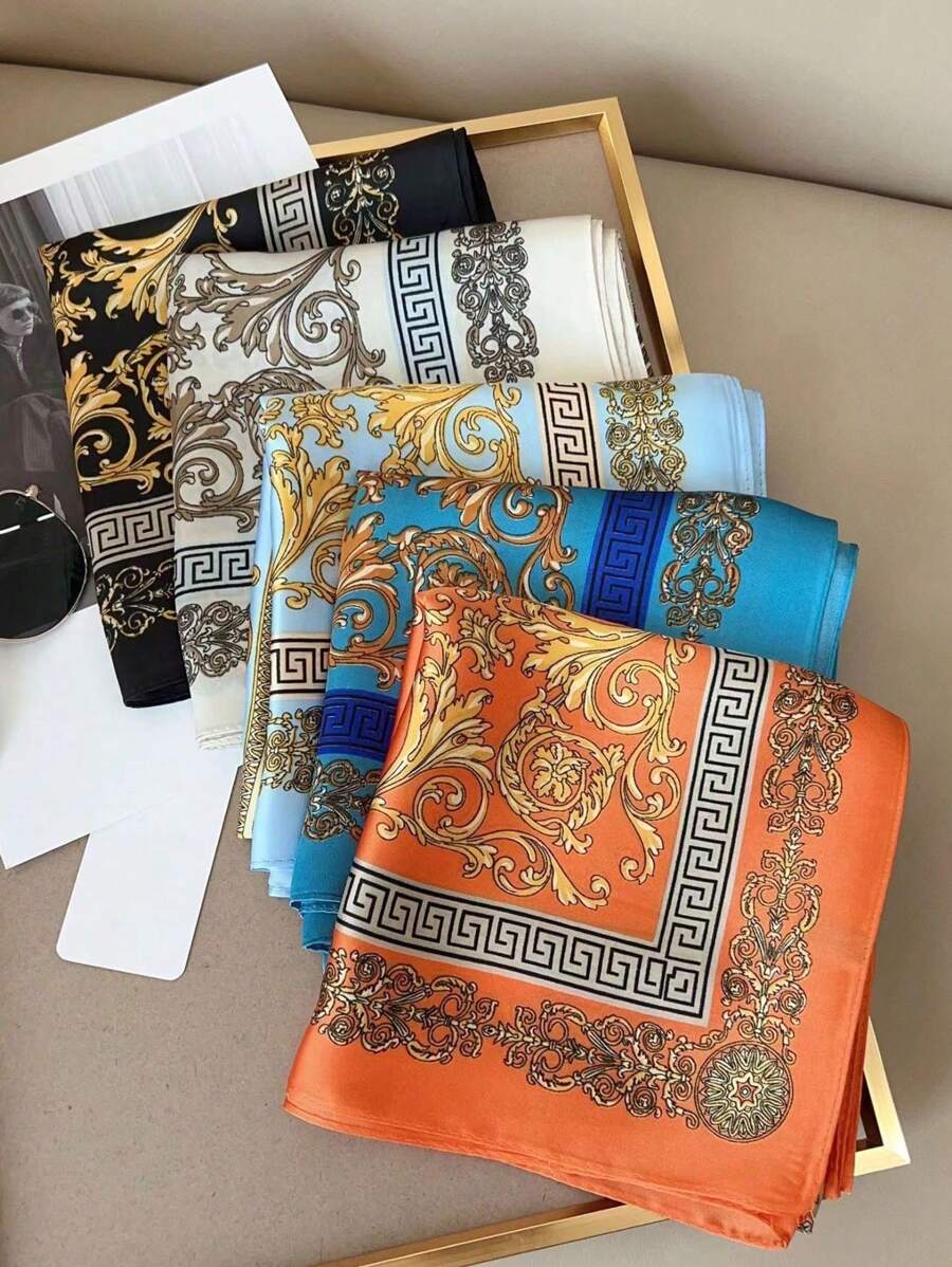 1pc Men Scarf Long Satin Scarf Fashion Designer Scarf Lightweight Wraps,Floral & Geometric Printed Bohemian Style Bandana Headscarf,Luxury Baroque Print Scarf | Elegant, Versatile & Silky Accessory,Suitable For Dating, Travel And Vacation