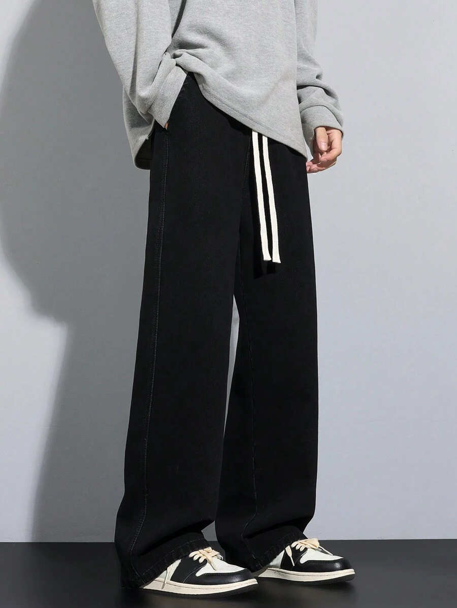 Pantalones vaqueros rectos de mezclilla lavada, de pierna recta, de alta gama y minimalistas, con cintura elástica con cordón, pantalones casuales versátiles para todas las estaciones