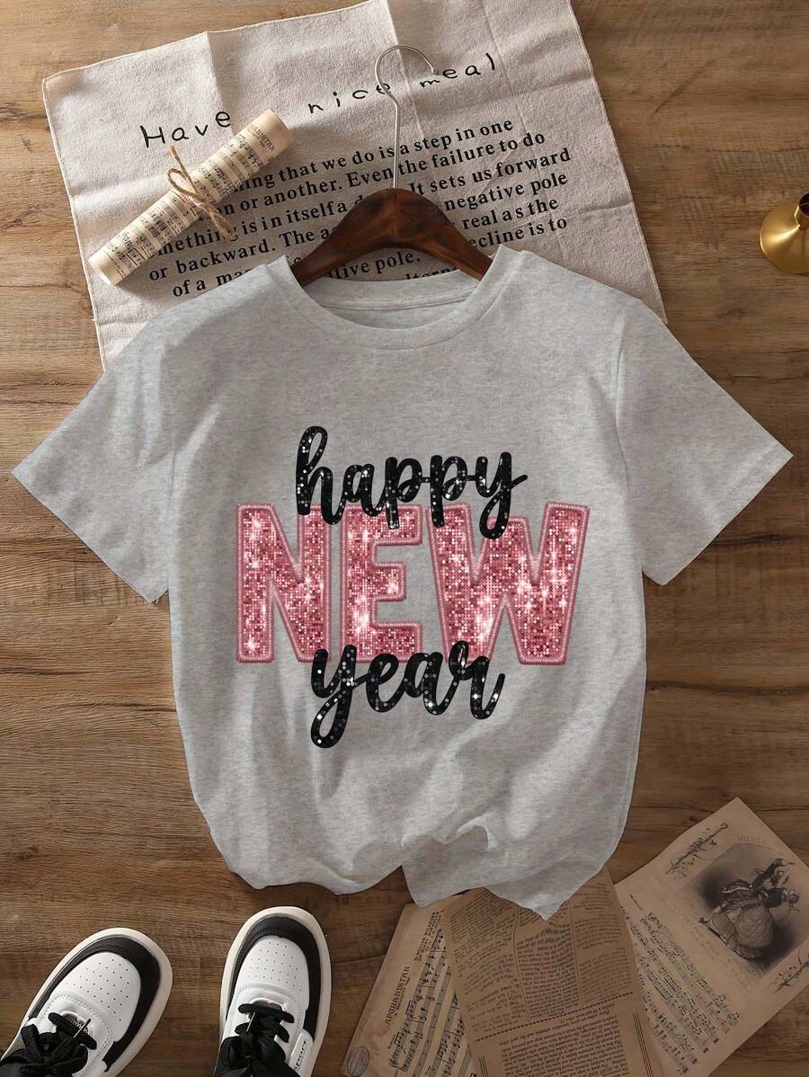 Happy New Year Glitter Graphic Print T-Shirt, Short Sleeve Crew Neck Casual Top For Summer & Spring, Women's Clothing