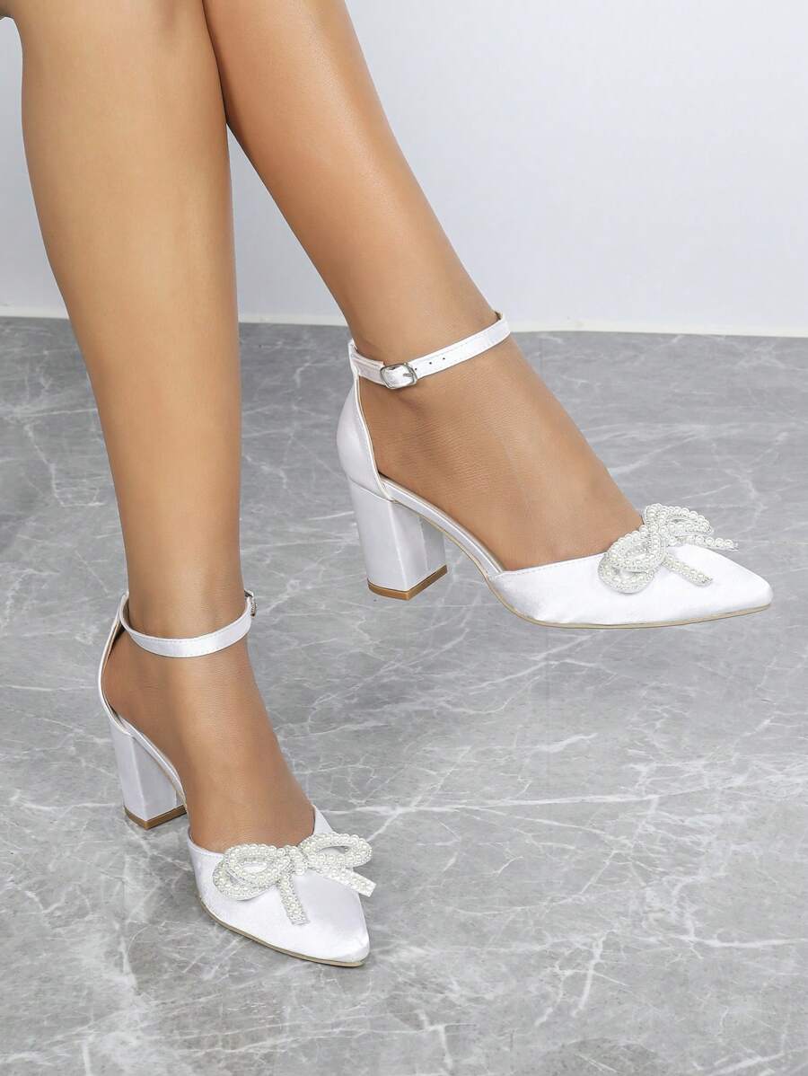 Zapatos de tacón alto de mujer con puntera blanca en punta, lazo de perlas, tacón ancho, casuales, de moda, cómodos, para fiestas, elegantes, minimalistas y de