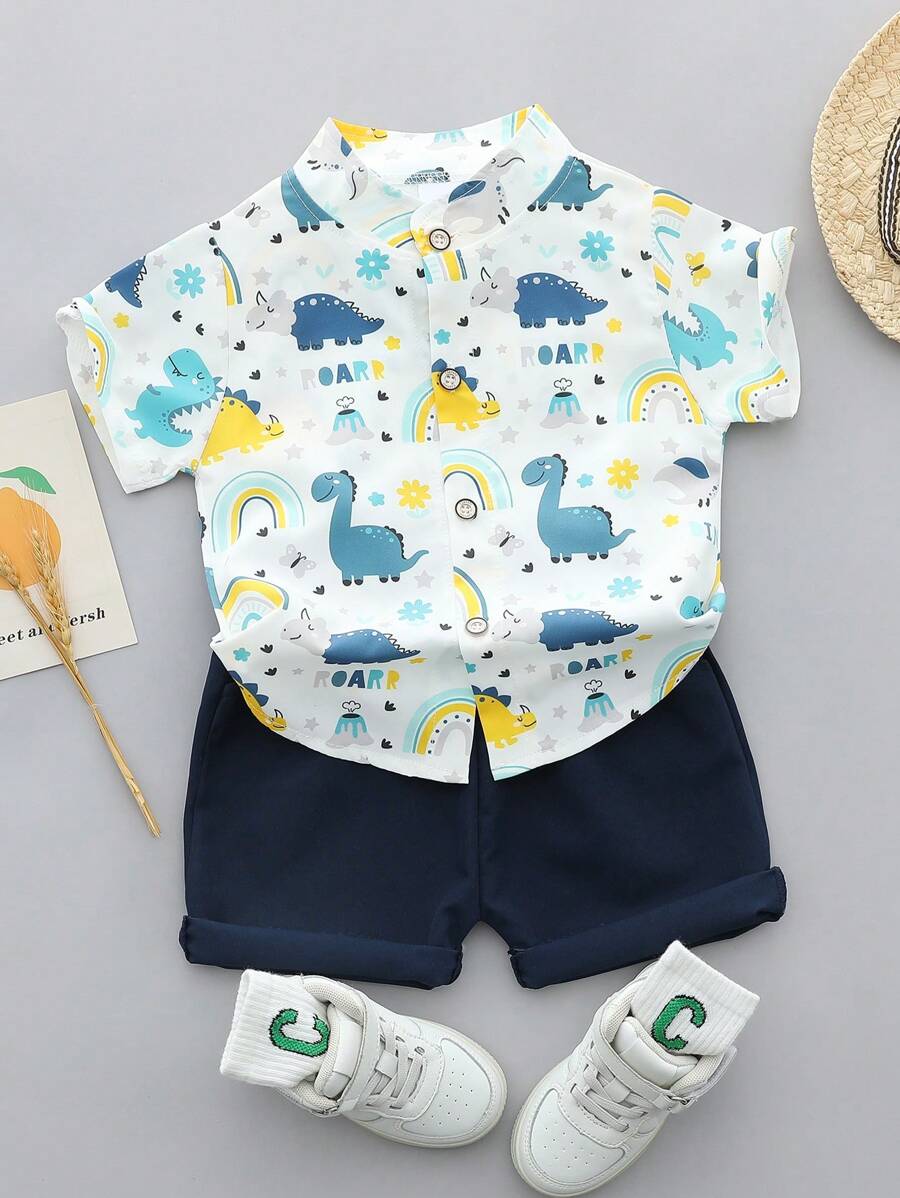 Baby Boy Dinosaur Random Print Short Sleeve Shirt & Shorts Set, Summer
