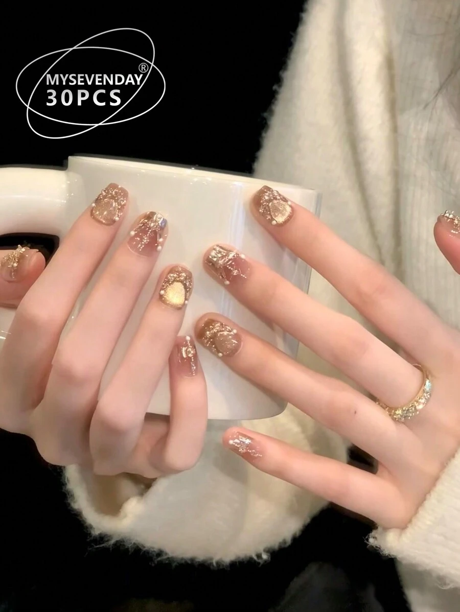 30 piezas de parches de uñas falsas en forma de ataúd corto, con diamantes brillantes, con un estilo francés dulce y fresco para mujeres, nuevos y de moda, que se adaptan a las yemas de los dedos, que incluyen 1 pieza de pegamento de gelatina y 1 pieza de tira abrasiva, adecuados para fiestas de mujeres, bailes, uso casual diario, uñas postizas desprendibles y reutilizables