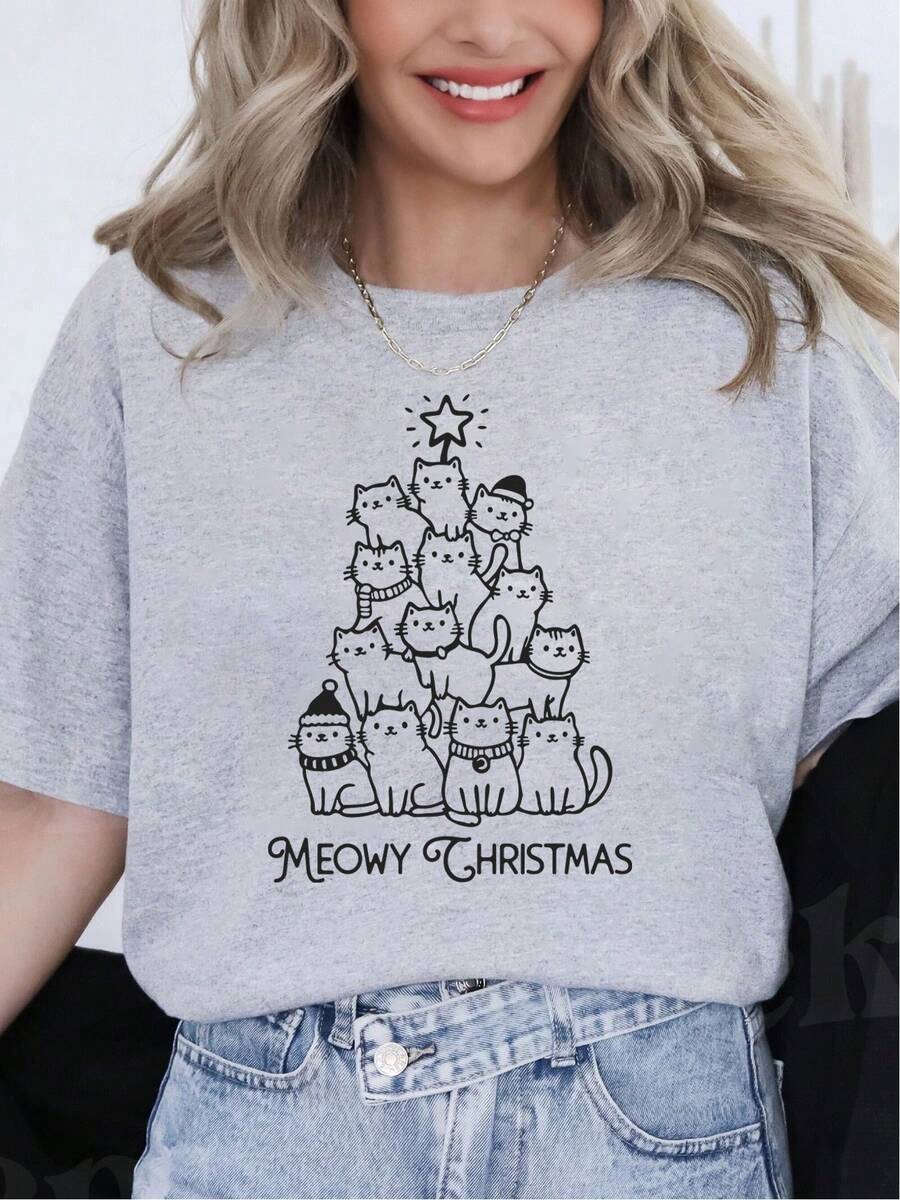 Oversized Style For Women, Meowy Christmas Hoodie, Merry Catmas Tee, Cat Christmas Tee, Cat Christmas Tree Hoodie, Cat Mom Hoodie, Cat Lover Hoodie, Xmas Hoodie, Loose Type Shirt For Women, Perfect For Holiday Parties Or Gift Giving, Soft And Comfortable