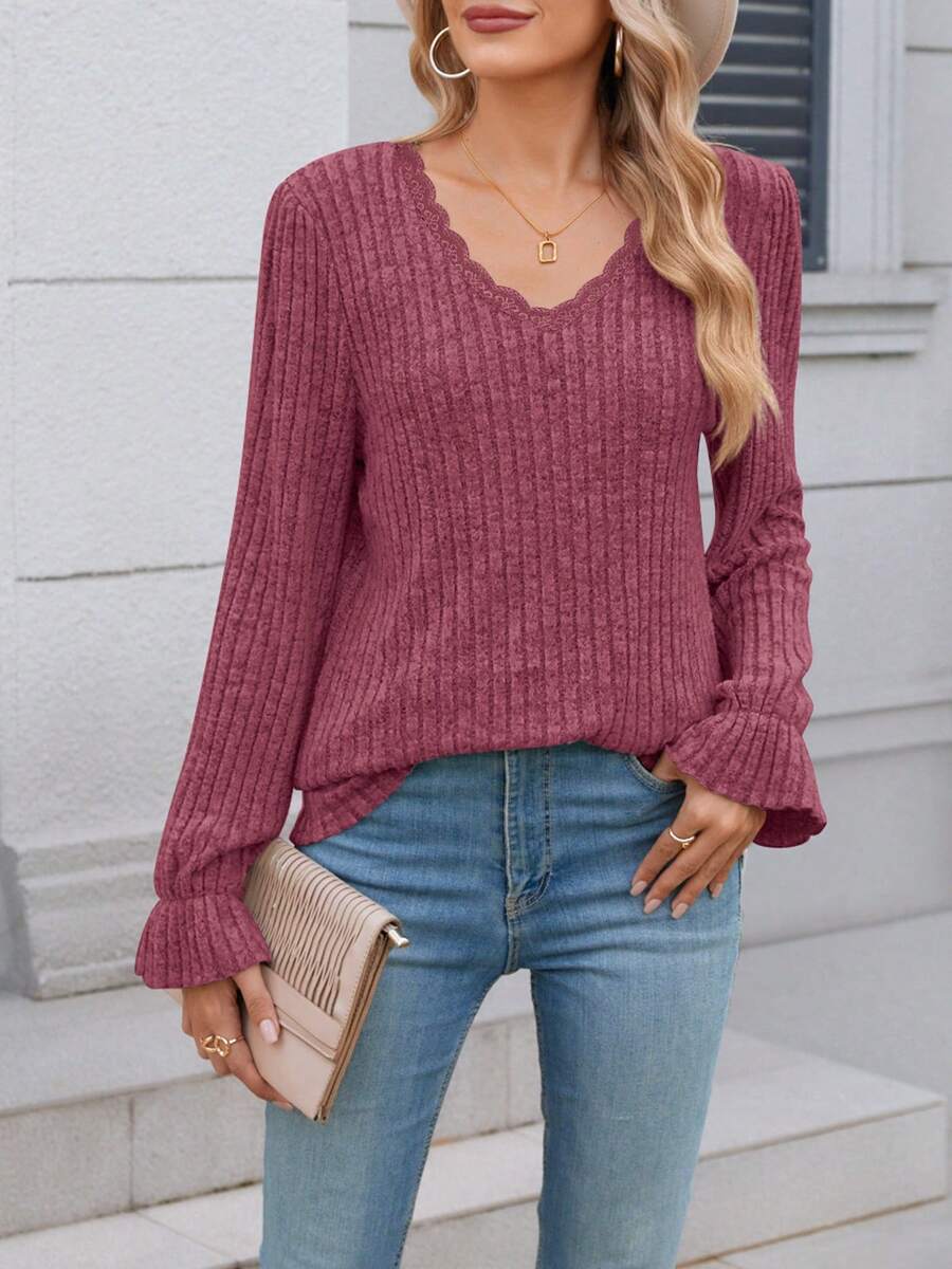 Women's Textured Casual Sweater Lace V Neck Blouse Tops