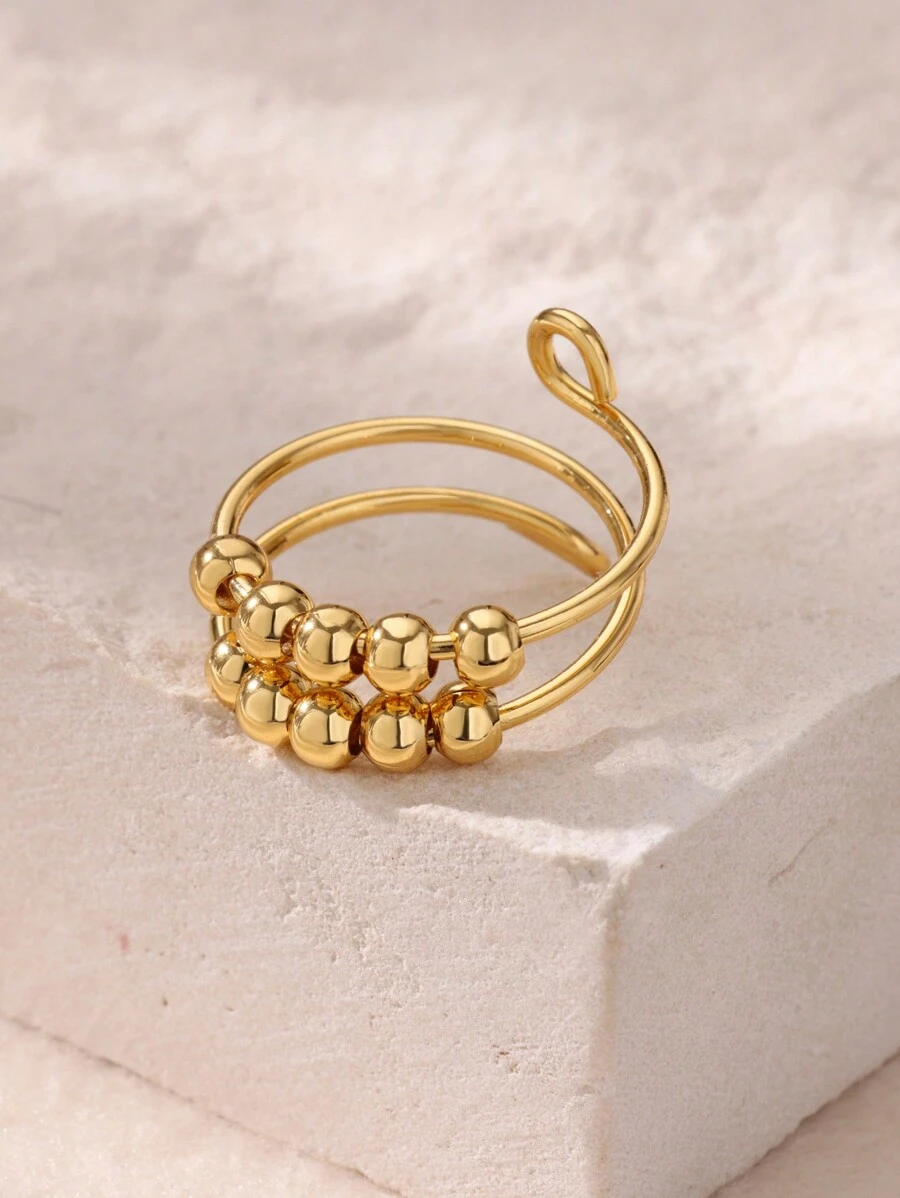1 pieza Anillo abierto de doble capa con cuentas esféricas de moda para mujer, color dorado, acero inoxidable con diseño geométrico, joyería de fiesta de Hip Hop, regalo