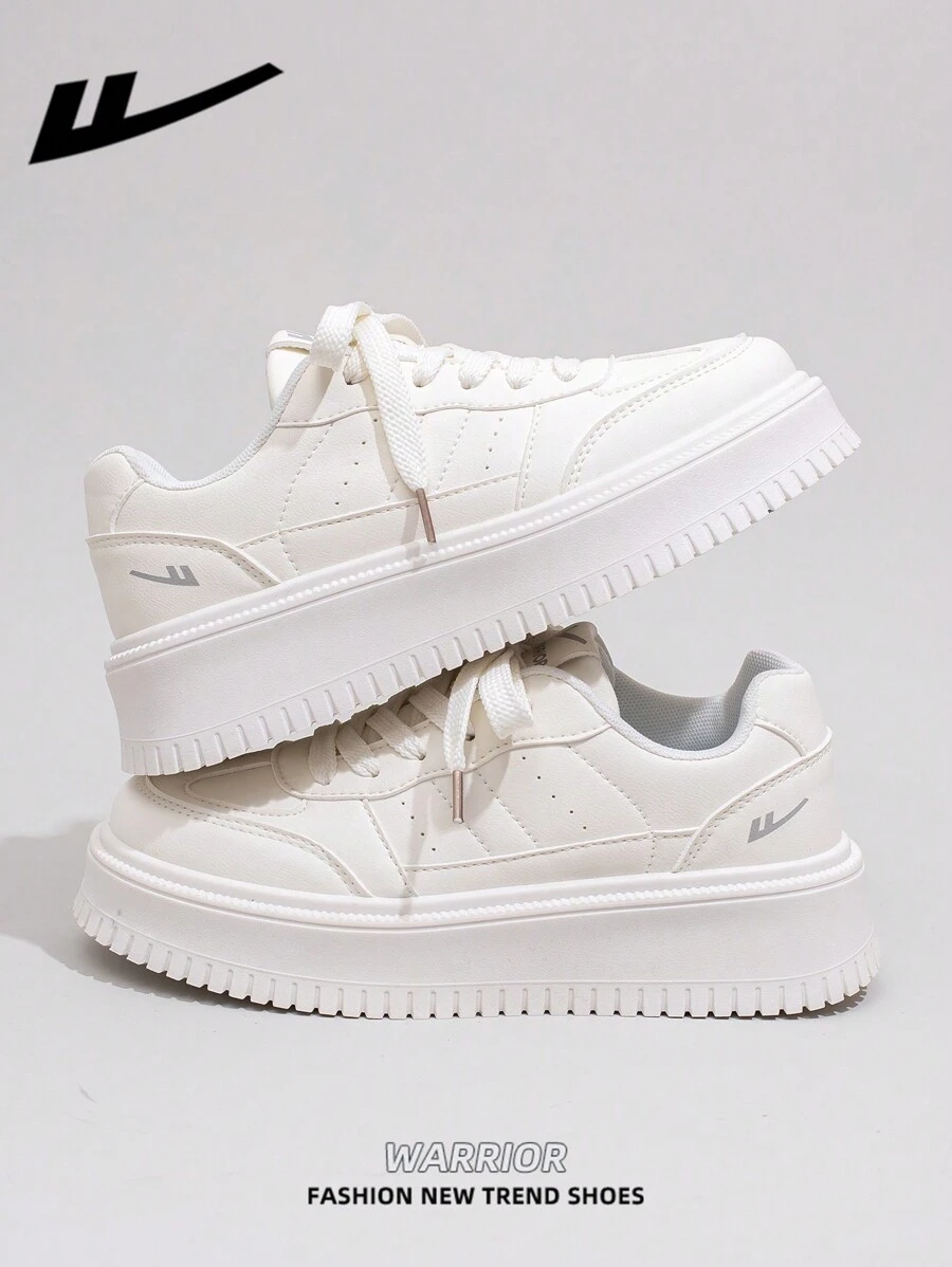 WARRIOR 1 Pair WARRIOR Brand Women's Casual White Lace-Up Canvas Shoes, Thick Sole Platform Flat Shoes For Outdoor & Skateboarding, Autumn Leisure Sneakers, Modern Design, Classic Retro Chunky Chunky Sneakers, Comfortable & Stylish, Suitable For Students