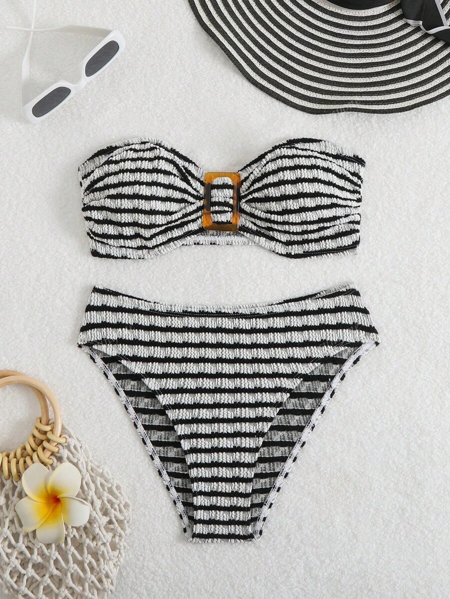 Black & White Striped Sexy Bikini Set, For Summer Beach Vacation