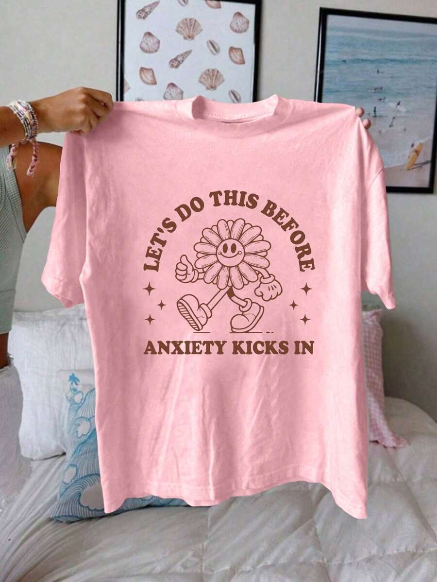 Mental Health Humor Graphic Print T-Shirt, Short Sleeve Crew Neck Casual Top For Summer & Spring, Women's Clothing