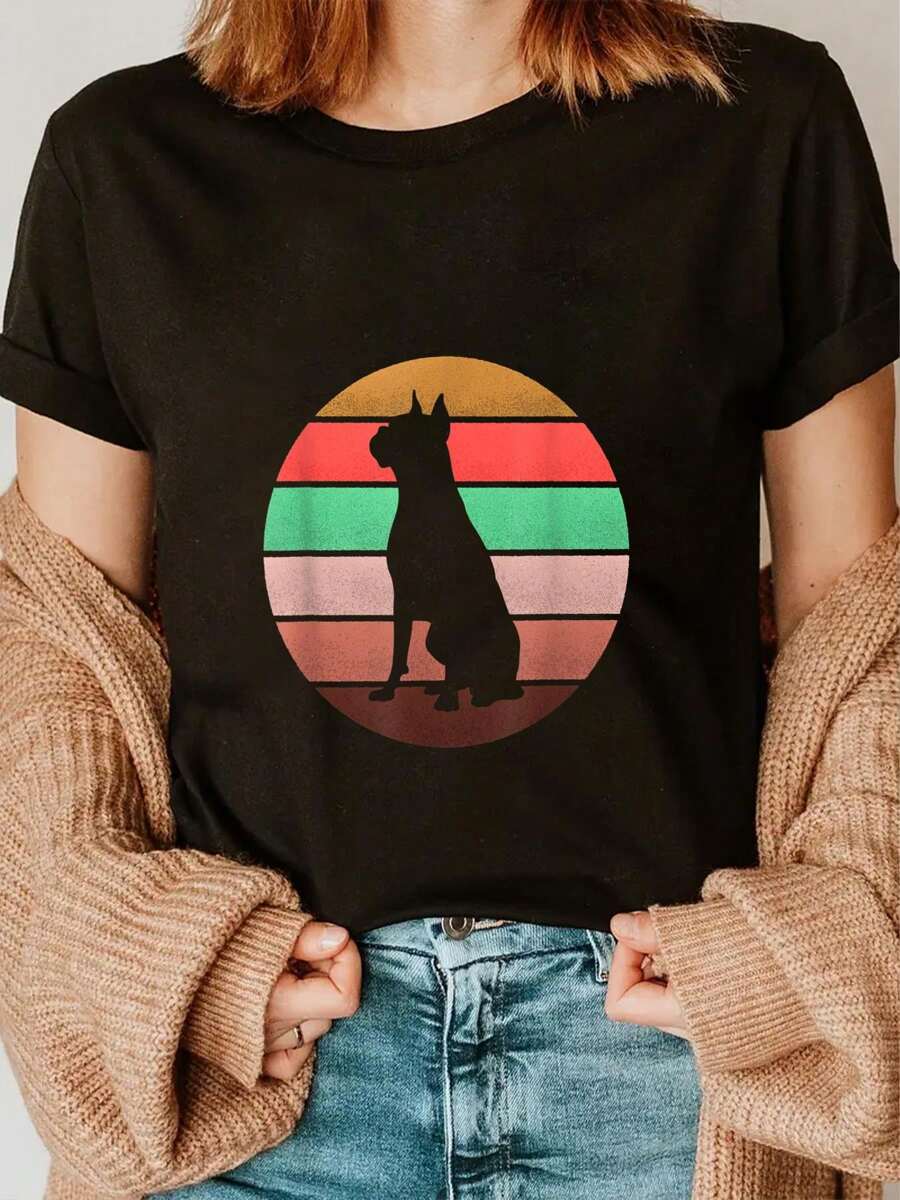 Boxer Dog Shirt Retro Vintage 70s Silhouette Breed Gift T-Shirt Casual Short Sleeve Shirt