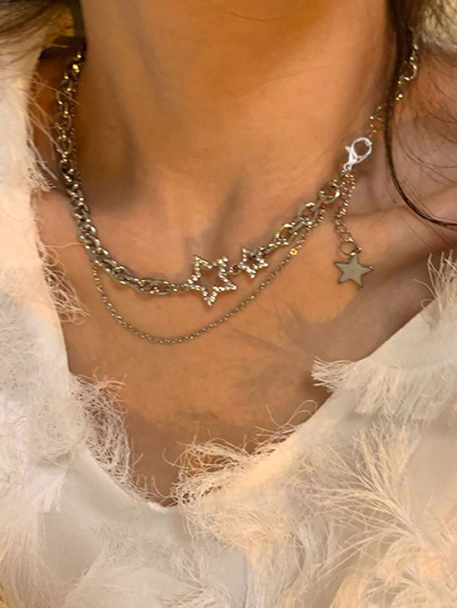 Punk Style Hollow Out Five-pointed Star Chain Necklace Suitable For Daily Wear