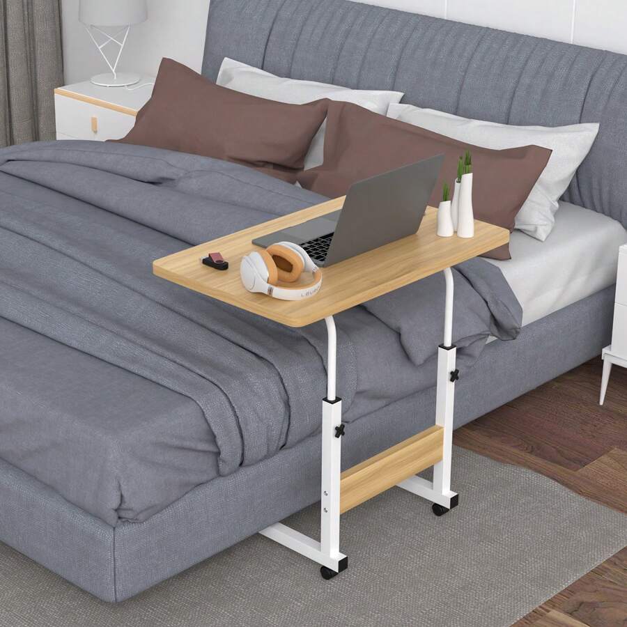 Table d'ordinateur Mobile avec plateau 60x40cm, Table pour Ordinateur Portable avec Hauteur Réglable 69-90cm, Table de Canapé Roulante pour Lit Bureau Debout, Facile à déplacer avec roulettes, Blanc / Chêne
